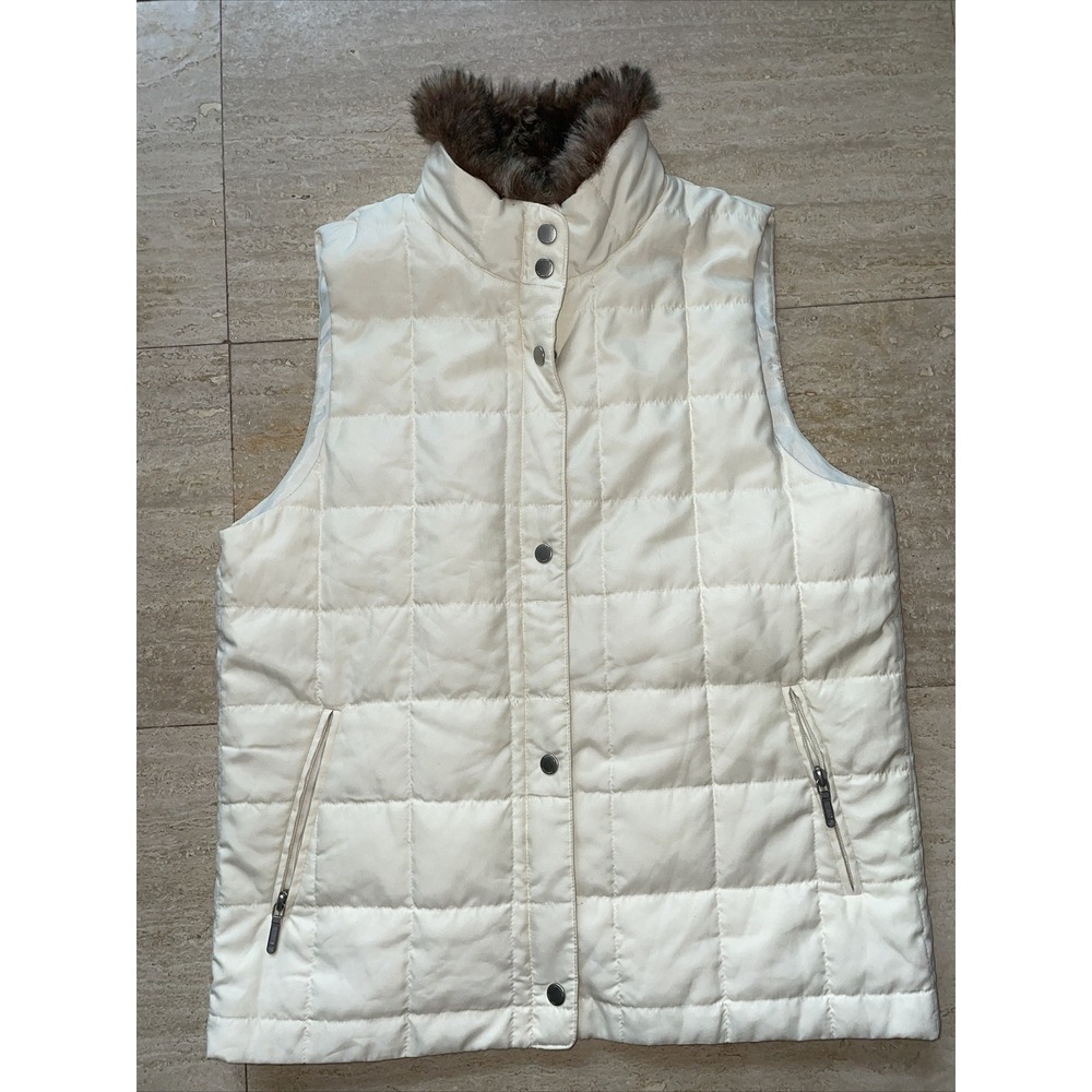 Lauren Ralph Lauren Womens Medium Vest Cream Quilted Fur Collar Full‎ Zip